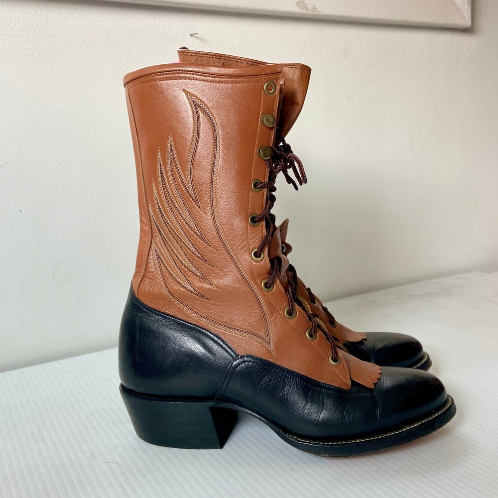 Paul Bond Black Tan Leather Kiltie Lace Up Mid Calf Boots Womens 8